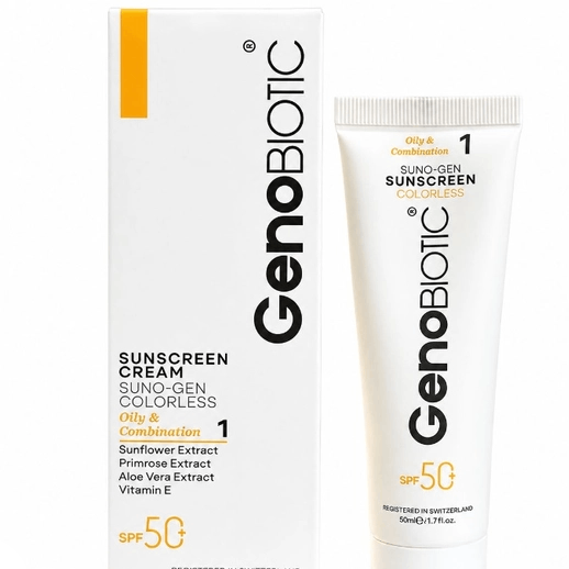 ضد آفتاب بی رنگ ژنوبایوتیک Genobiotic با SPF 50 مناسب پوست چرب و مختلط حجم 50 میلی لیتر