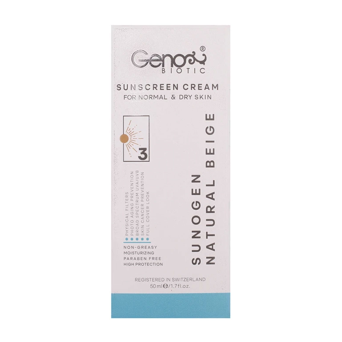 کرم ضد آفتاب رنگی بژ طبیعی ژنو بایوتیک Genobiotic با SPF50 مناسب پوست خشک و معمولی حجم 50 میلی لیتر