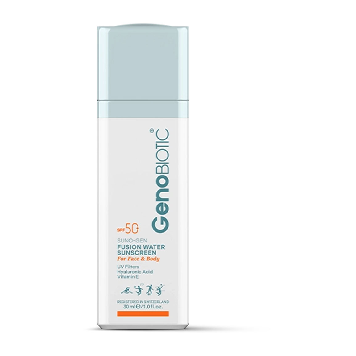 ضد آفتاب فلوئیدی فیوژن واتر Fusion Water ژنوبایوتیک Genobiotic بی رنگ SPF50 مناسب انواع پوست حجم 30 میلی لیتر