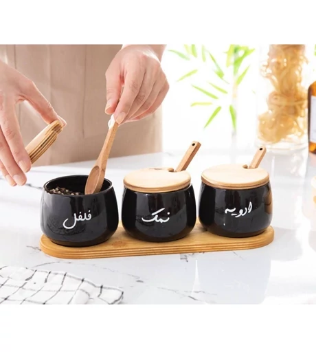 ست ادویه سرامیکی اوینا مشکی همراه با زیره،درب و قاشق چوبی (پست پیشتاز پس کرایه)
