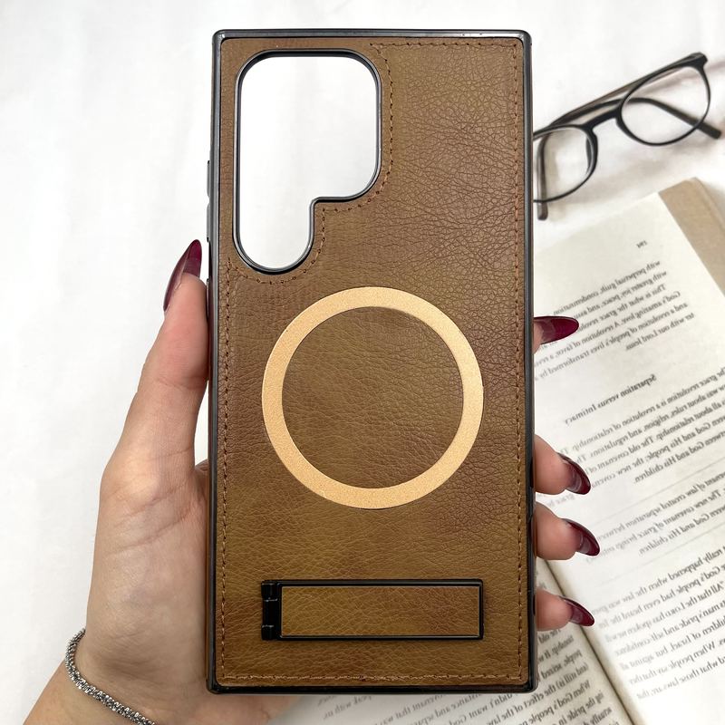 قاب گوشی Galaxy S24 Ultra سامسونگ Leather Stand Case چرم مگ سیف Magsafe اورجینال دوخت دار استند شو قهوه ای کد 742649