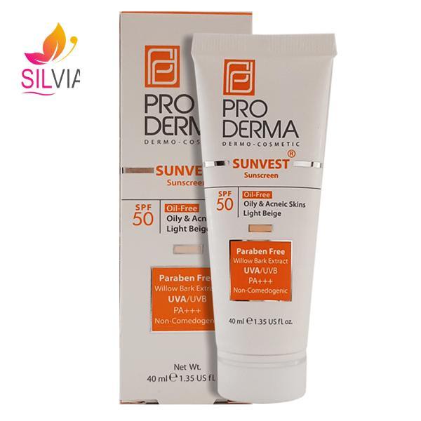 کرم ضد آفتاب فاقد چربی پوست های چرب و جوشدار بژ روشن SPF50 پرودرما 40 میل