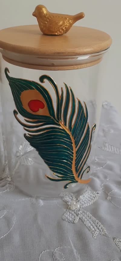 شیشه گرد درب دار ویترای طرح پرطاووس(پس کرایه)