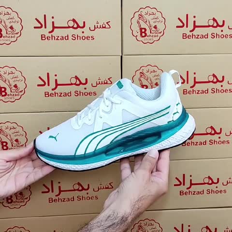 کتونی پوما مردانه پسرانه رنگ سفید سبز سایز 41 تا 44 کفی طبی کف دوخت زیره کپسولی لژ چهار و نیم سانتی رویه بافت خارجی