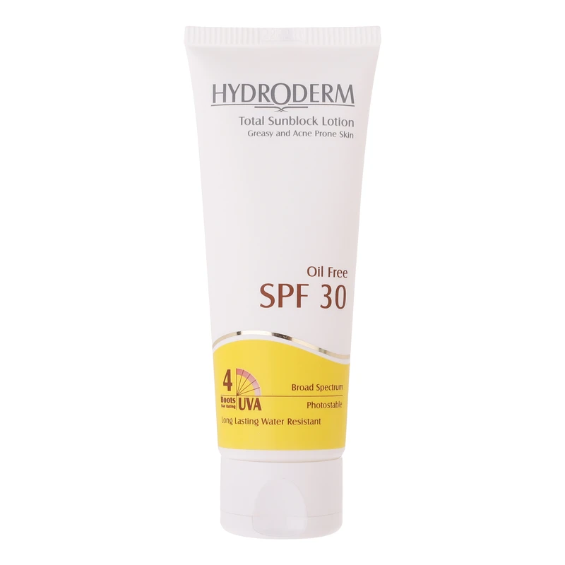 کرم ضدآفتاب هیدرودرم فاقد چربی (بی رنگ) مناسب پوست چرب و مختلط SPF30 | حجم 75 میلی لیتر