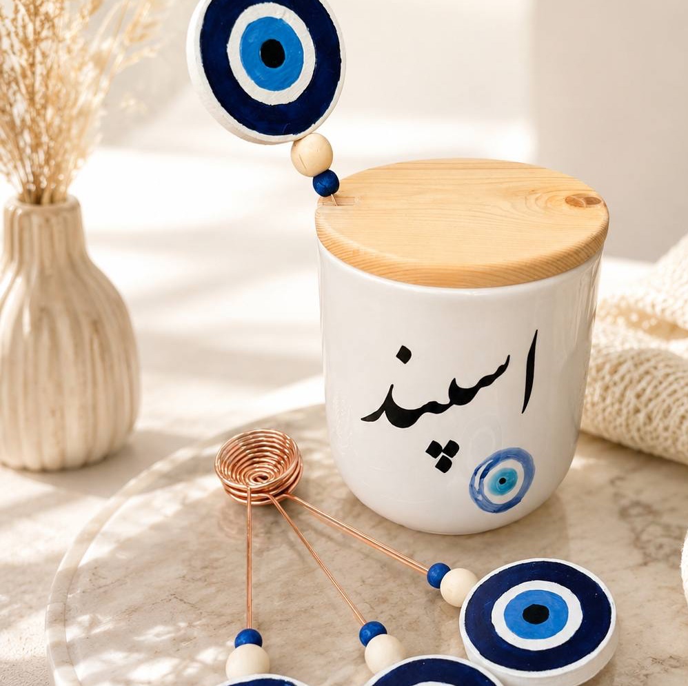 بانکه اسپند سرامیکی با درب چوبی. بانکه نگهدارنده اسپند،اسپند دود کن