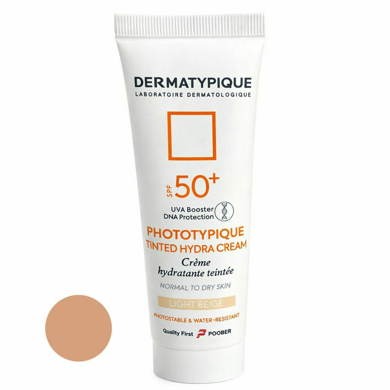 کرم ضد آفتاب رنگیروشن صورت درماتیپیک SPF 50 مدل تینتد هیدرا، محافظ در برابرUVA,UVB,IR,مناسب برای پوست خشک حجم 50 میلی...