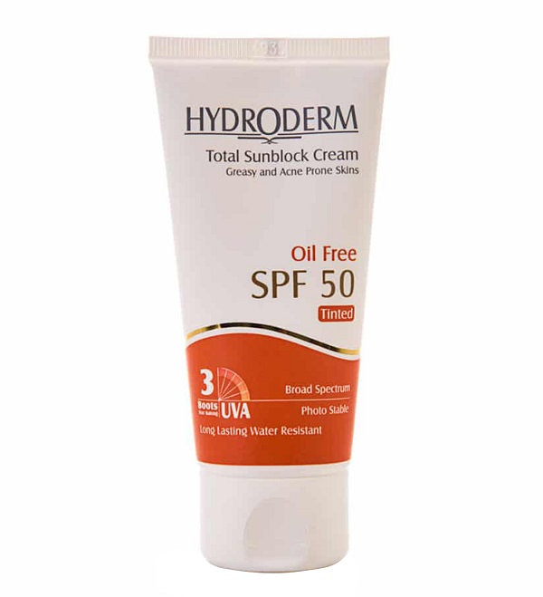 کرم ضد آفتاب رنگی بژ متوسط هیدرودرم با SPF50 مناسب پوست چرب و جوشدار حجم 50 میلی لیتر