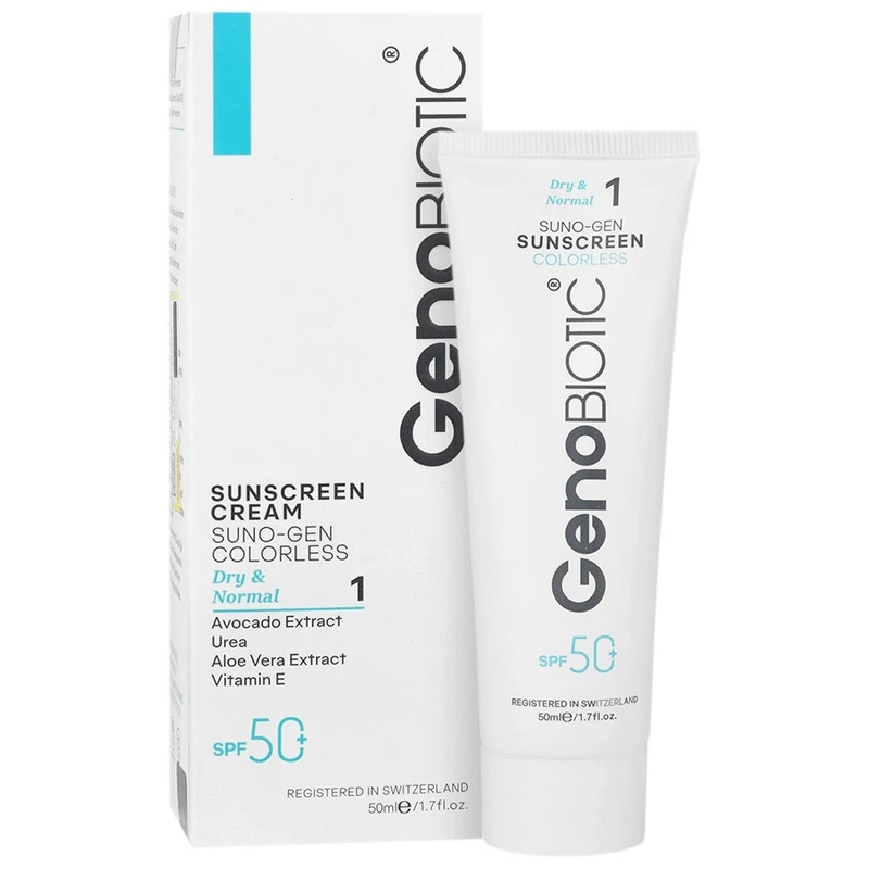 کرم ضد آفتاب بیرنگ دست و صورت ژنوبایوتیک SPF 50 مدل SUNO-GEN-D محافظ UVA ،UVB، مناسب برای پوست های خشک و معمولی حجم 50
