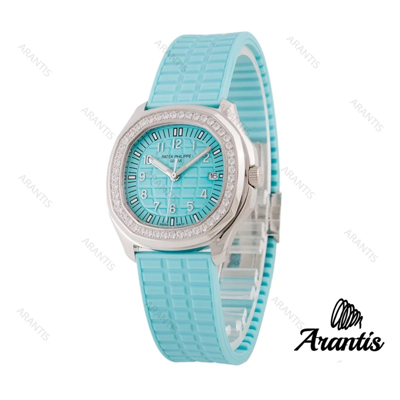 ساعت پتک فیلیپ آکوانات زنانه نقره ای نگیندار بند آبی روشن Patek Philippe Aquanaut