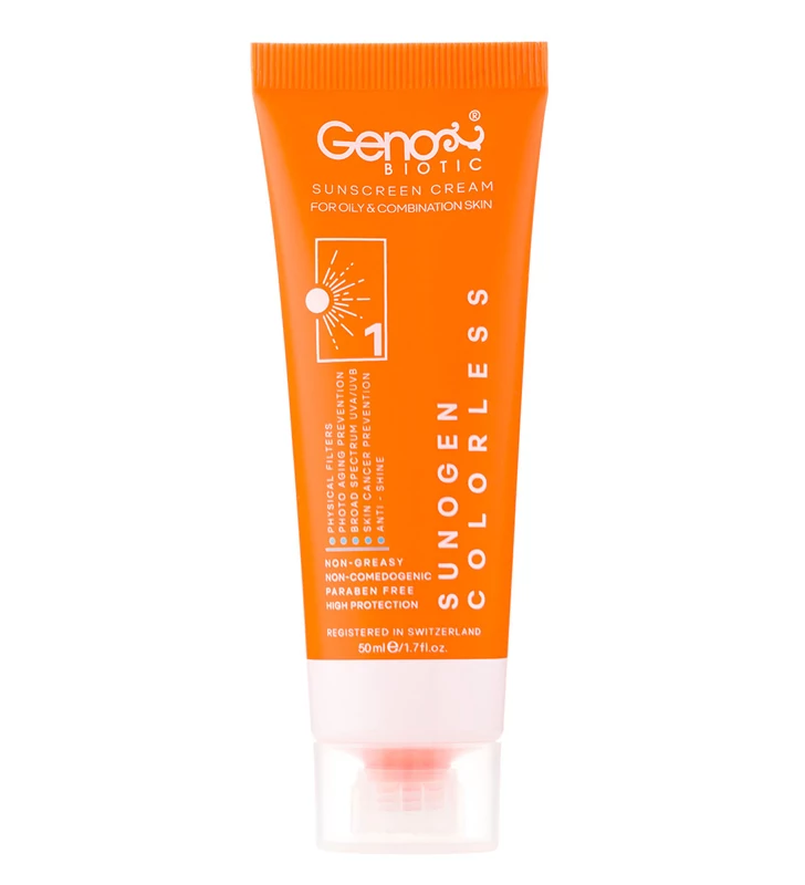 ژنوبایوتیک کرم ضدآفتاب بدون رنگ مناسب پوست های چرب و مختلط spf50 فاقدچربی فاقدپارابن 50میل انقضا 1406/05