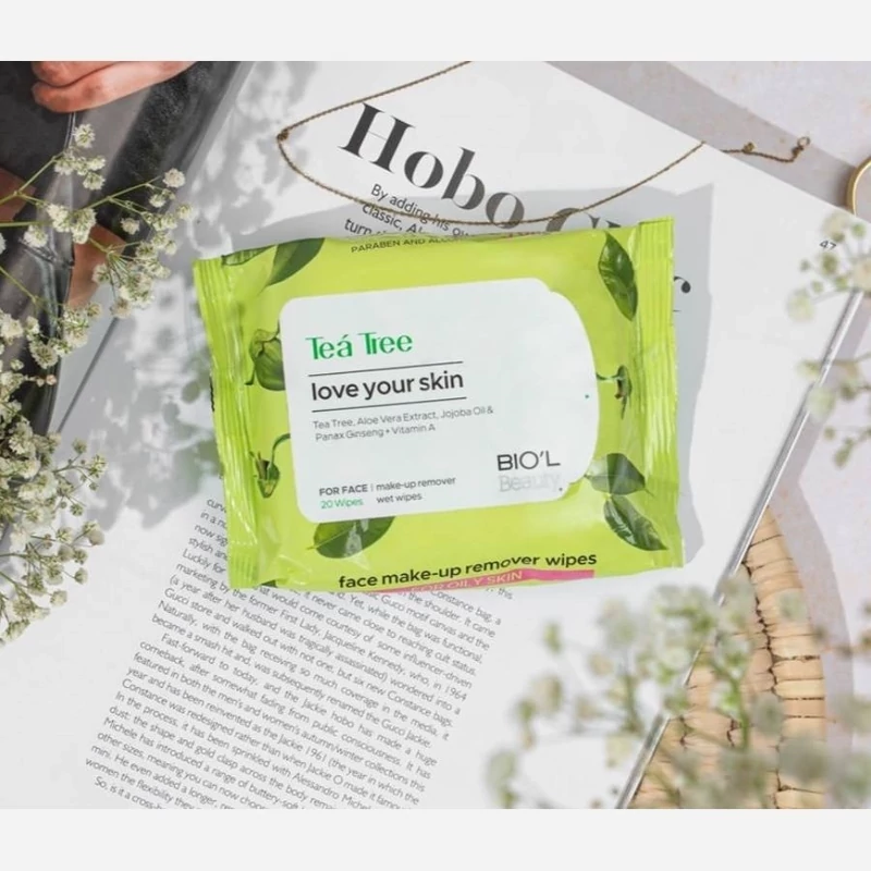 دستمال مرطوب آرایشی درخت چای مخصوص پوست چرب بیول Biol Tea Tree Makeup Remover Wet Wipes