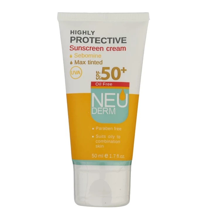 کرم ضد آفتاب رنگی نئودرم SPF 50 مدل Highly Protective Max Tinted محافظ UVA، مناسب پوستهای چرب و مختلط حجم 50 میلی لیتر