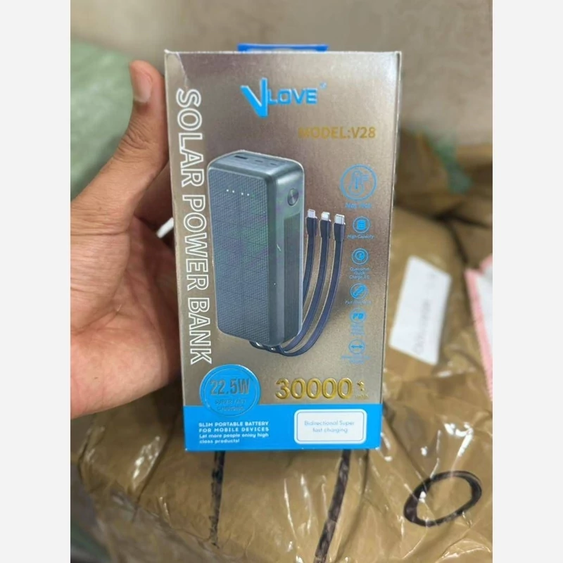 پاوربانک Vlove مدل V28 فست سولار خورشیدی ظزفیت 30000 (پس کرایه)