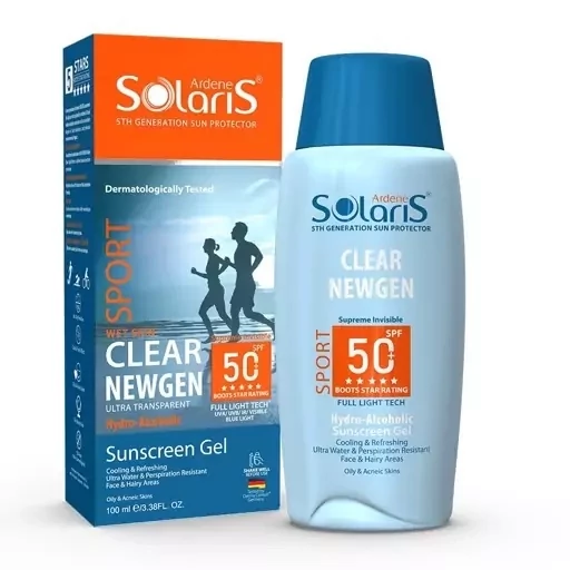 ضد آفتاب ژل هیدرو الکلی آردن سولاریس SPORT CLEAR NEWGEN با SPF50 مناسب پوست دارای جوش حجم 100 میلی لیتر