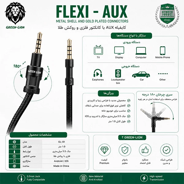 کابل AUX گرین لاین مدل GL0I طول 1 متر
