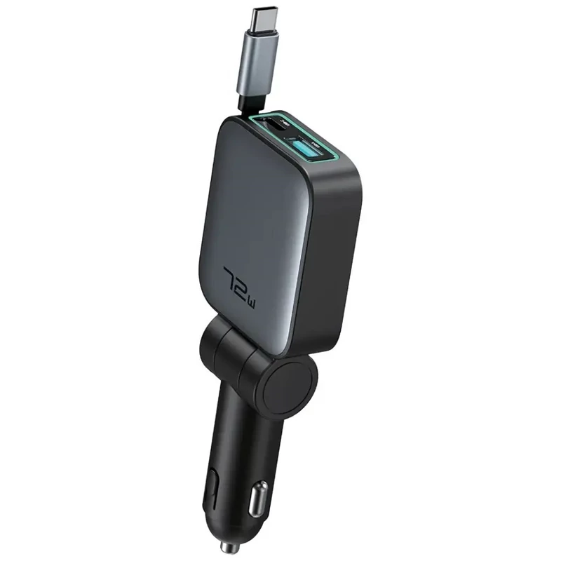 شارژر فندکی 72 وات با کابل متصل تایپ سی گرین لاین Green Lion Retractable 72W Car Charger GNRT72WCHRGY