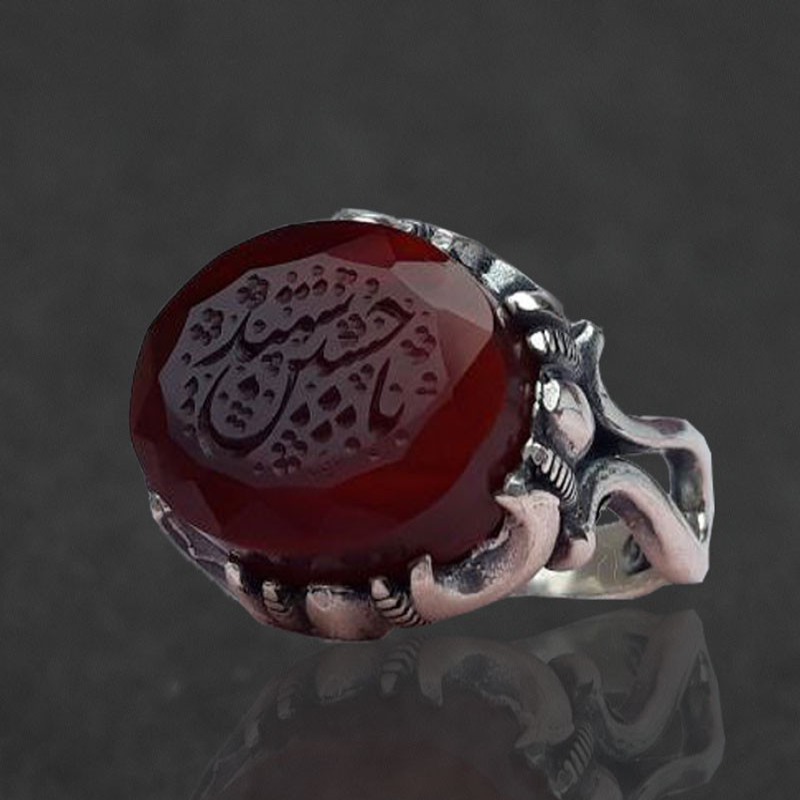 انگشتر عقیق کبدی خراسانی خطی با حکاکی یا حسین شهید کد30816