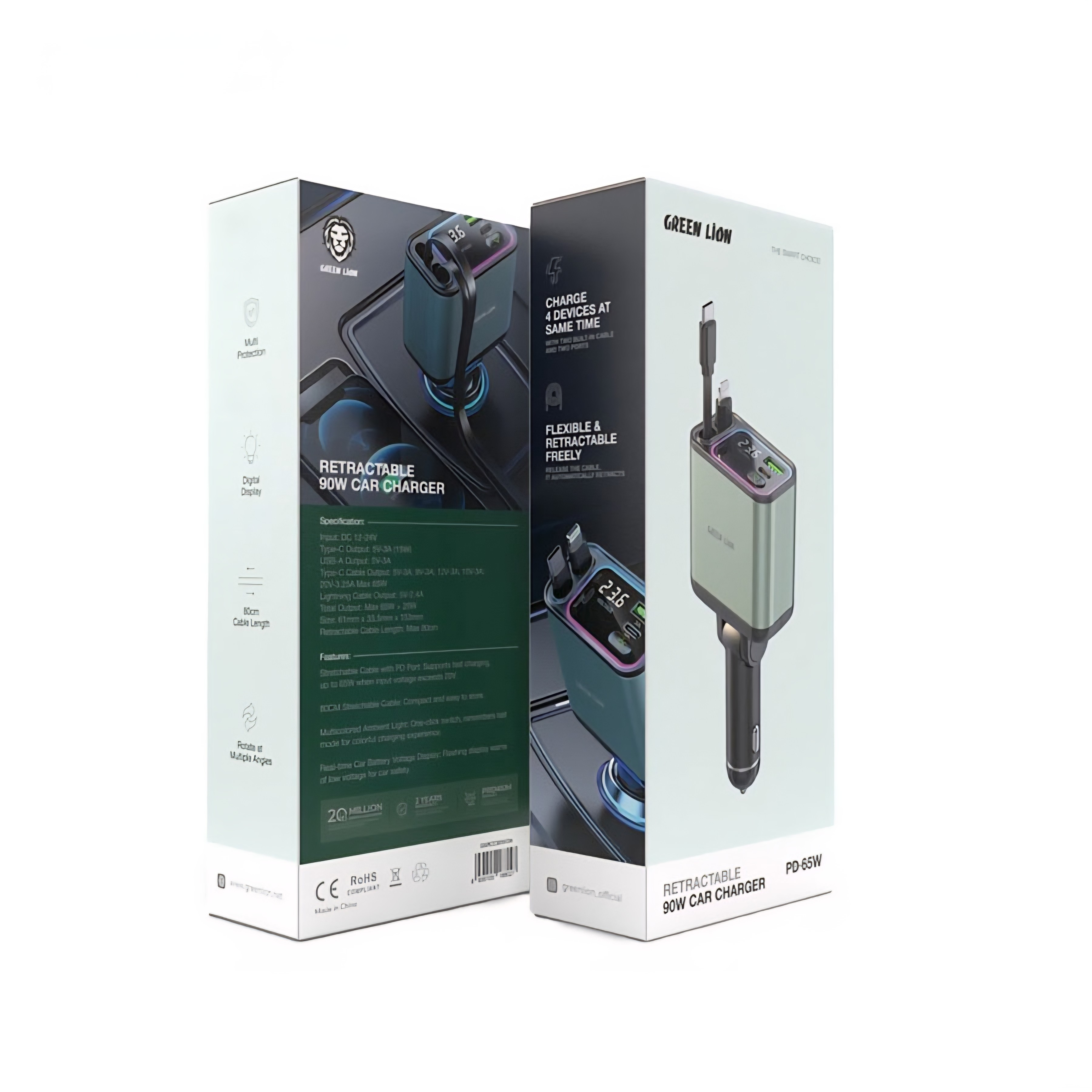 شارژر فندکی 90 وات GREEN LION مدل Retractable با سیم جمع کن