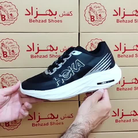 کتونی Hoka مردانه پسرانه رویه بافت خارجی سایز 41 تا 44 رنگ مشکی زیره پیو کفی طبی کف دوخت لژ چهار سانتی خیلی سبک راحت