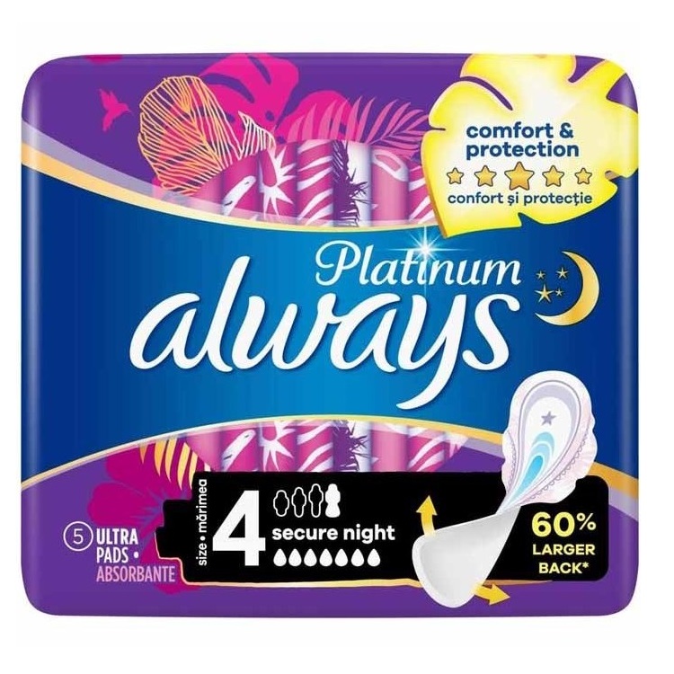 نوار بهداشتی آلویز مدل always Platinum ویژه شب سایز 4 بسته 5 عددی