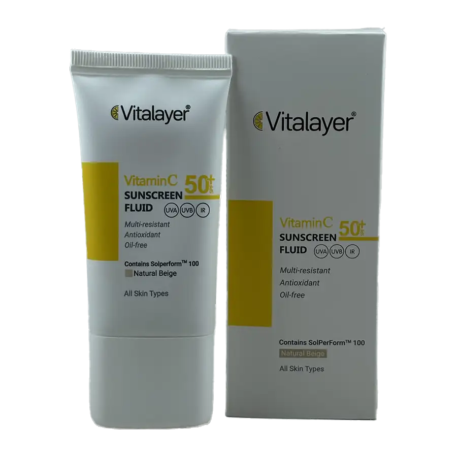 فلوئید ضد آفتاب رنگی ویتامین C ویتالیر SPF50 (بژ طبیعی) – محافظت، روشنکننده و پوشاننده پوست – حجم 50 میلیلیتر