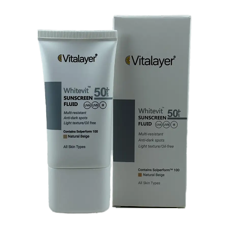 فلوئید ضد آفتاب ضد لک ویتالیر وایت ویت SPF50 (بژ طبیعی) – پوششدهی و محافظت – حجم 40 میلیلیتر