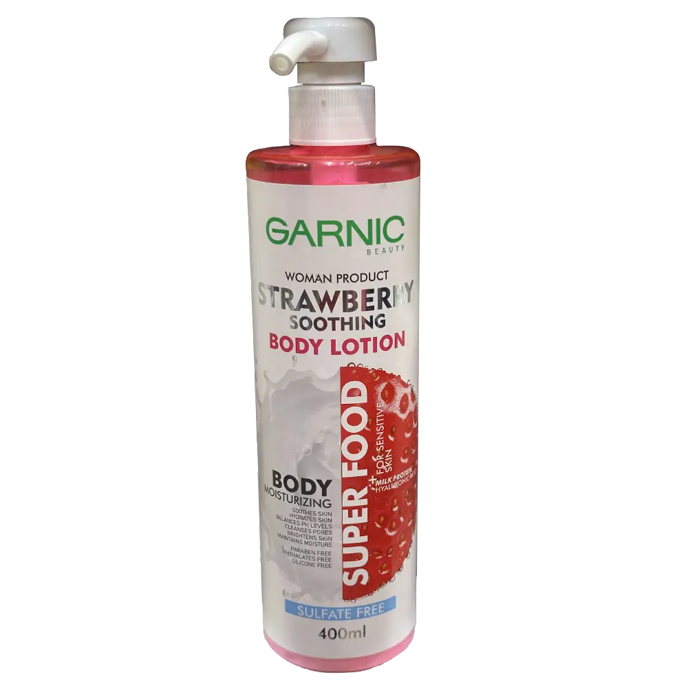 لوسیون بدن گارنیک مدل Strawberry Soothing مناسب پوست های حساس حجم 400 میلی لیتر