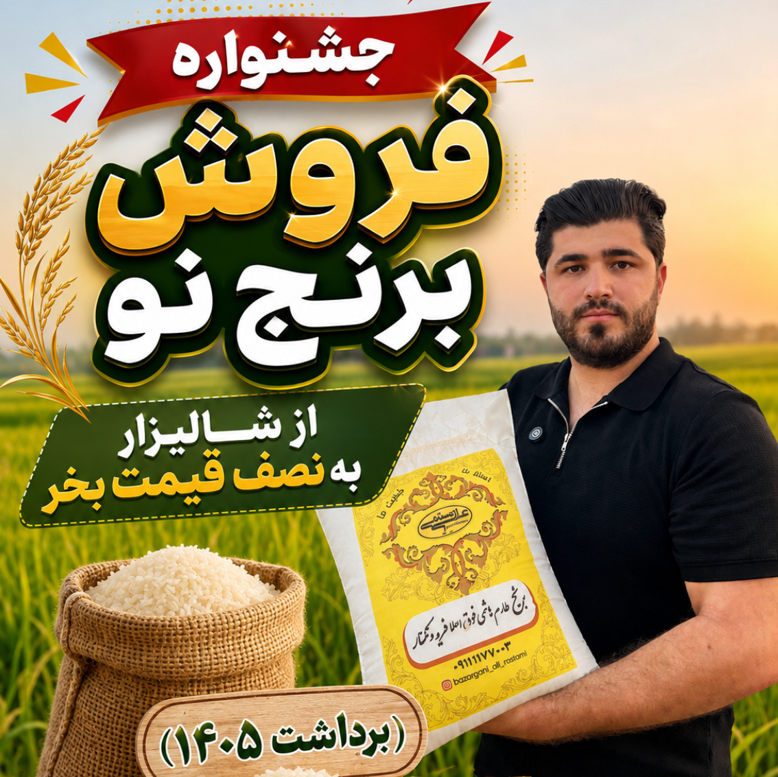 برنج طارم هاشمی علی رستمی برداشت تازه شالیزار فریدونکنار 10 کیلویی)