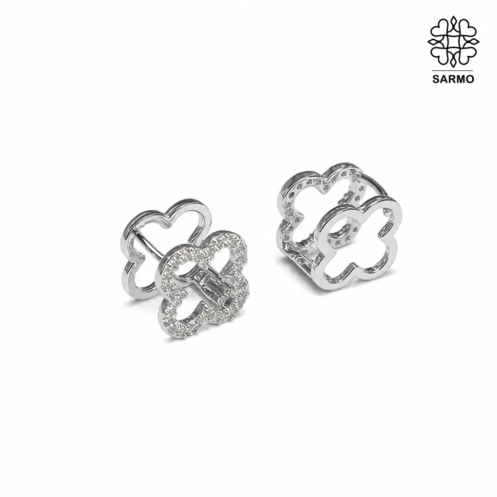 گوشواره ونکلیف نگین دار نقره ای دوطرفه استیل کد 509411110