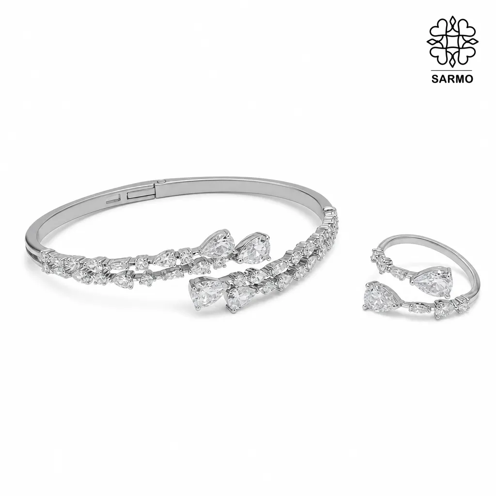ست بنگل و انگشتر نگین دار اشکی نقره ای HGH کد 312050200