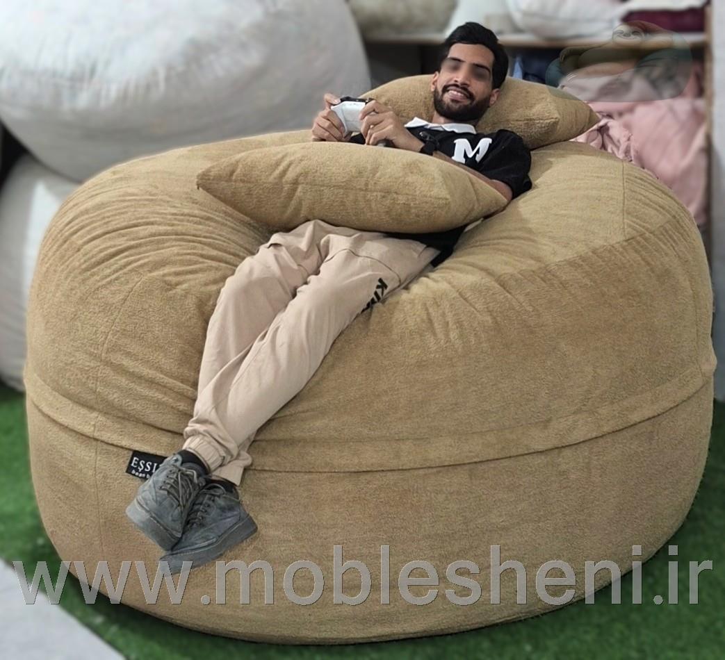بین بگ دونفره الیافی گرد سایز 160 با پارچه تدی مبلی نسکافه ای