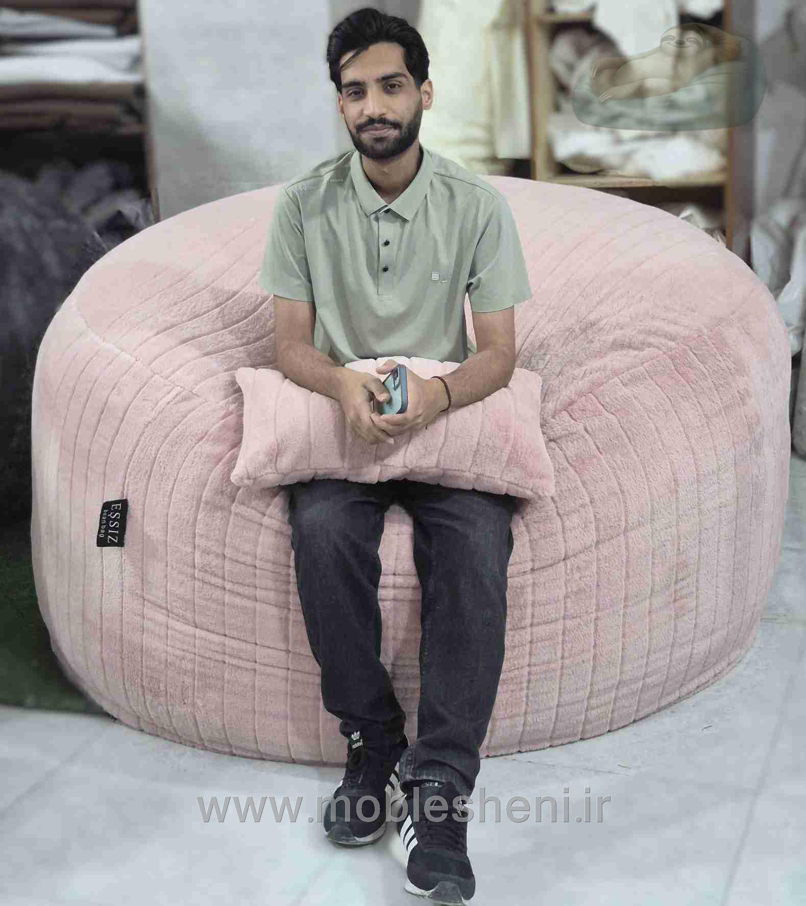 بین بگ دونفره الیافی گرد سایز 160 با پارچه خز سوپرسافت رنگ صورتی