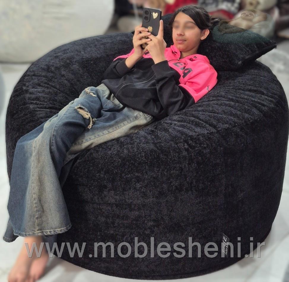 بین بگ الیافی گرد سایز 120 با پارچه تدی مبلی مشکی