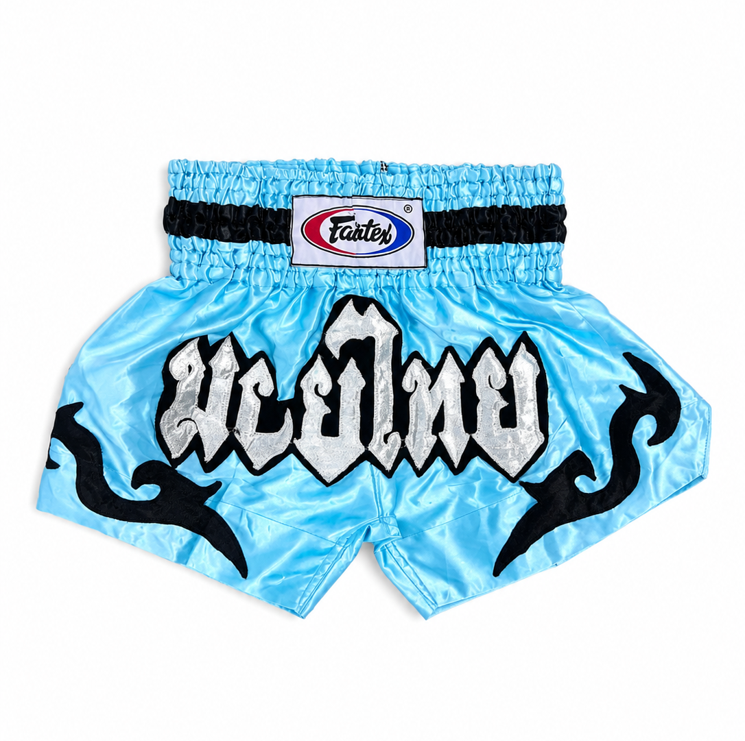 شورت مویتای Fairtex ساتن آبی طرحدار سایز M تا 2XL