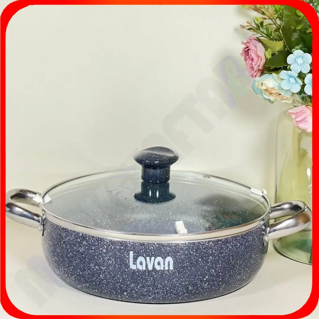 تابه سایز 22 تیتان طوسی بی لبه درب شیشه ای لاوان