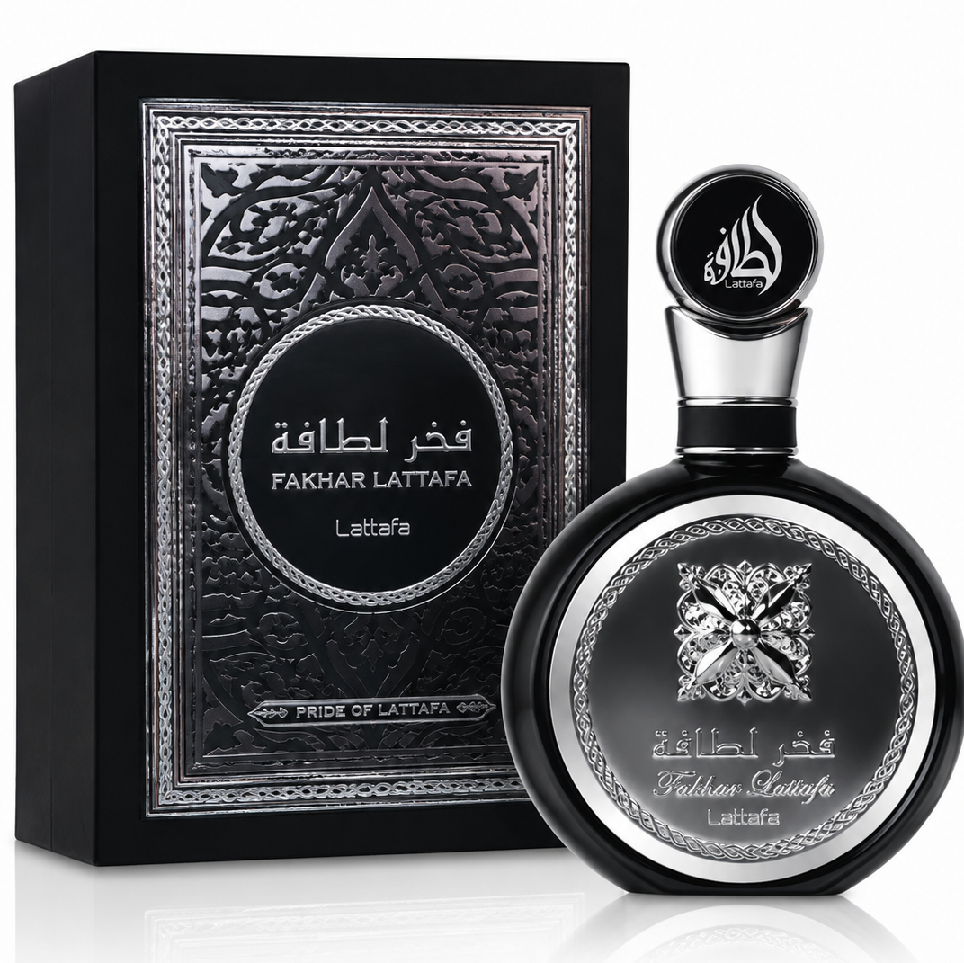 عطر مردانه لطافه فخر مشکی Fakhar Black 100 میل پرفیوم فخر لطافه رایحه خنک و چوبی