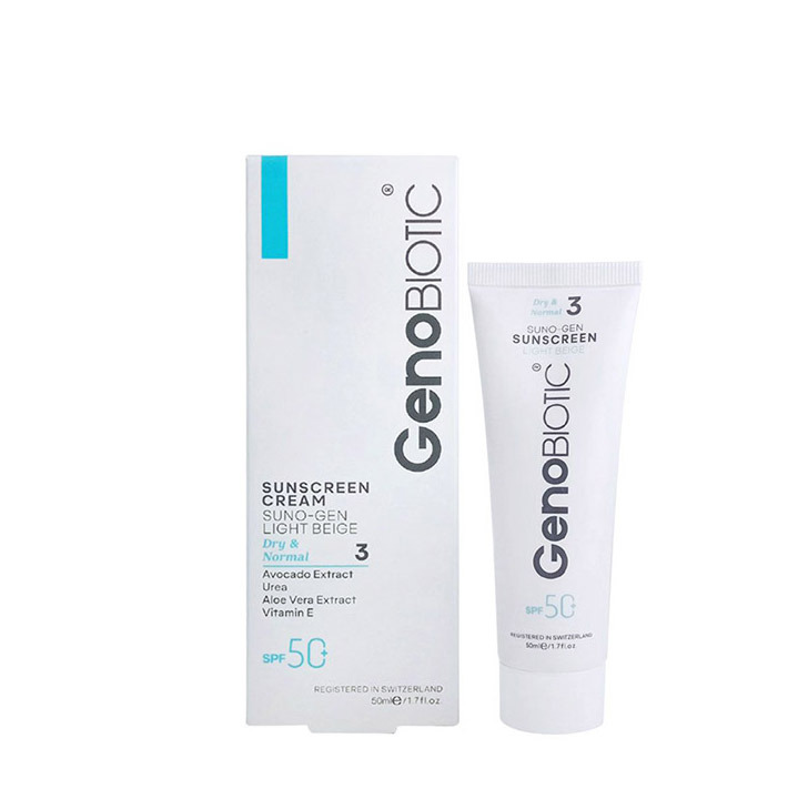 کرم ضدآفتاب ژنوباتیک فاقد پارابن مناسب پوست های خشک ومعمولی بژ روشن spf50