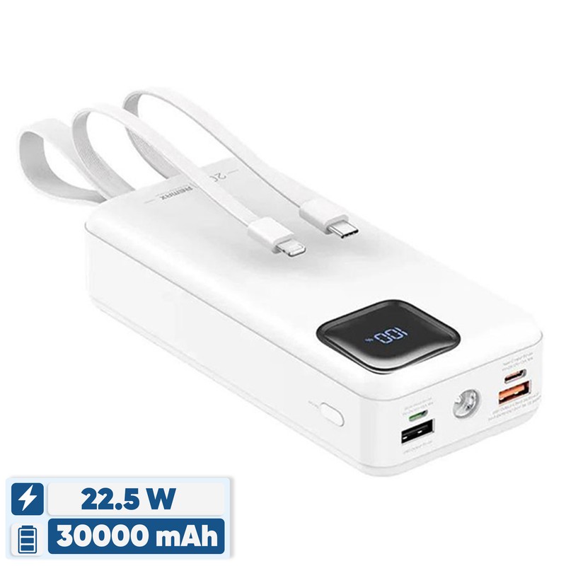 پاوربانک 22.5 وات ریمکس مدل RPP-550 ظرفیت 30000 میلی آمپر ساعت به همراه دو عدد کابل USB-C و لایتنینگ