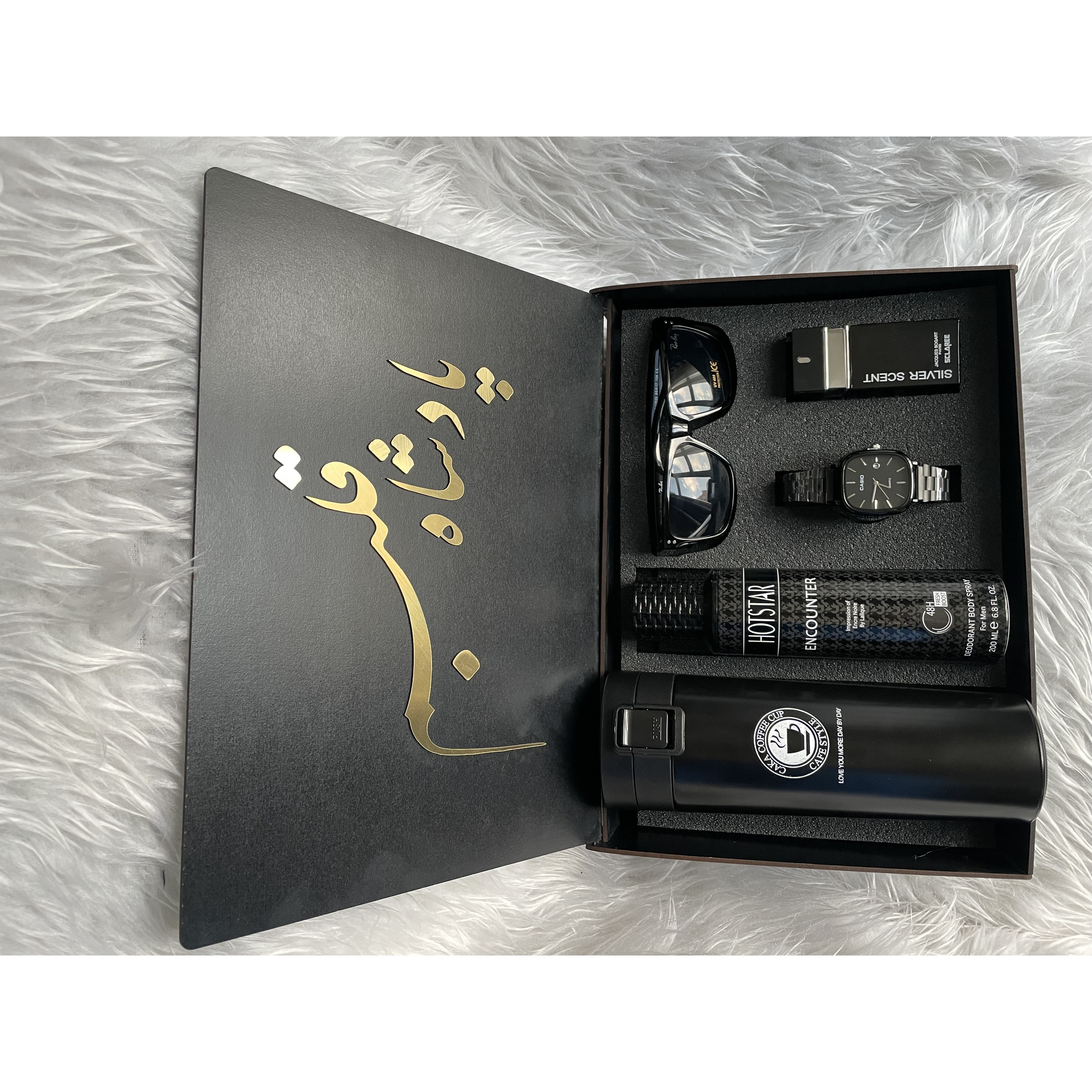 باکس هدیه روز مرد لاکچری مردانه،ساعت،ادکلن،تراول ماگ،عینک،اسپری باکس اختصاصی با انتخاب متن ارسال رایگان