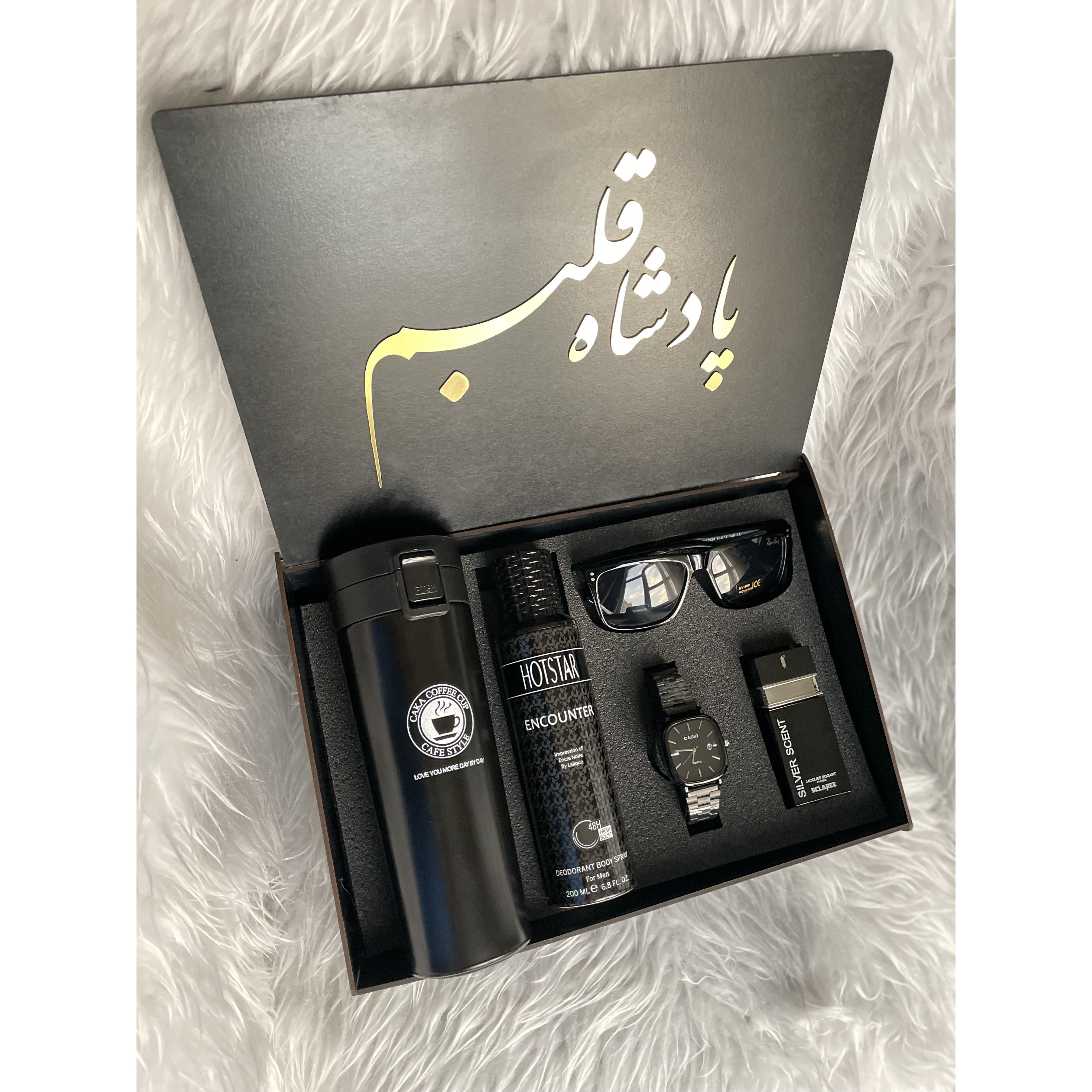 باکس هدیه روز مرد لاکچری مردانه،ساعت،ادکلن،تراول ماگ،عینک،اسپری باکس اختصاصی با انتخاب متن ارسال رایگان