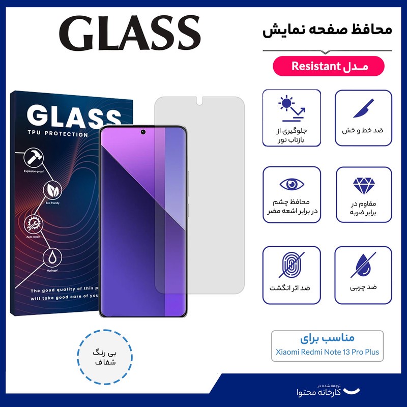 محافظ صفحه نمایش شفاف گلس مدل Resistant مناسب برای گوشی موبایل شیائومی Redmi Note 13 Pro Plus