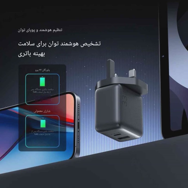 شارژر 33 وات GaN اورایمو 3پین با کابل تایپ سی مدل PowerGan 33 Pro