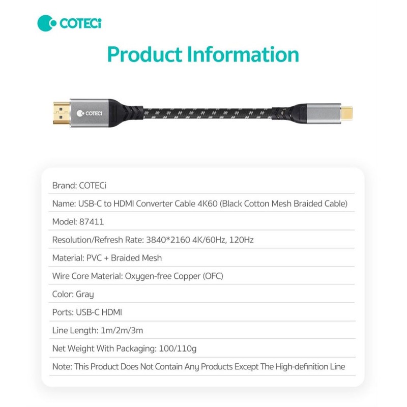 کابل تبدیل HDMI به USB-C کوتسی مدل 87411 طول 2 متر
