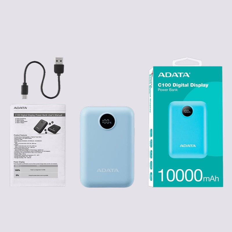 پاوربانک 20 وات ای دیتا مدل C100 Digital Display ظرفیت 10000 میلی آمپرساعت