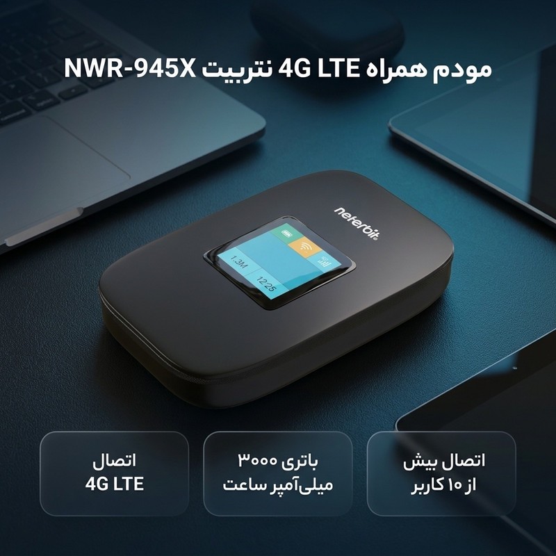 مودم همراه 4G LTE نتربیت مدل NWR-945X با باتری 3000 میلی آمپر ساعت، پشتیبانی از Wi-Fi 6، سرعت دانلود تا 150 مگابیت بر...