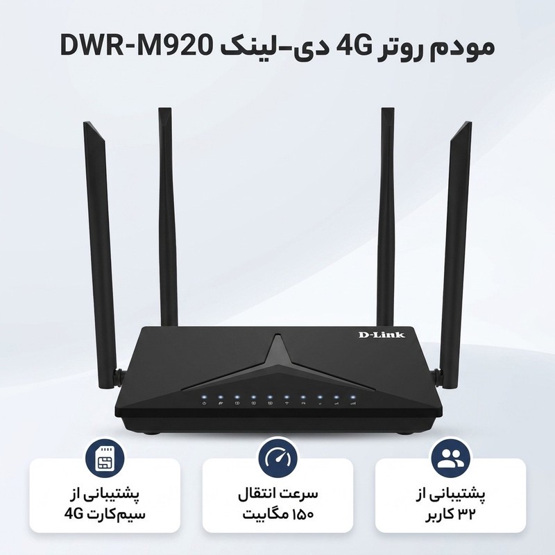 مودم روتر بی سیم خانگی 4G دی-لینک مدل DWR-M920 با شیار سیم کارت، پشتیبانی از 32 کاربر، سرعت انتقال 150 مگابیت، چهار آ...