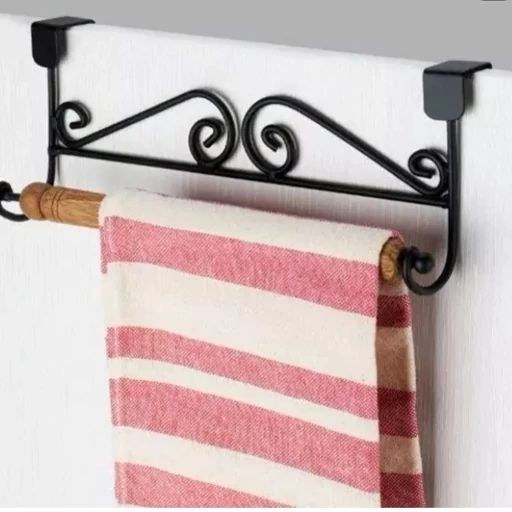 آویز حوله دسته چوبی مدل پشت کابینتی ساخته شده از جنس فلز ضد زنگ دارای رنگ مشکی با ضخامت بالا دارای دسته چوبی جهت آویزان