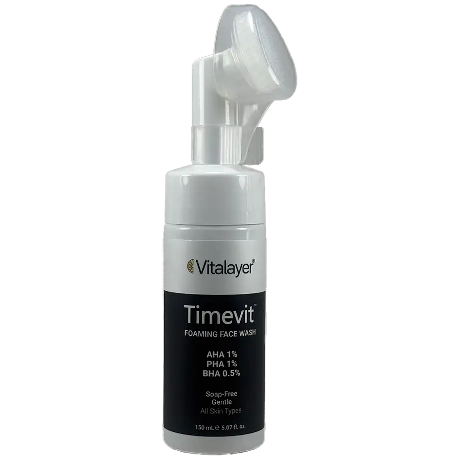 فوم شستشو صورت براشدار ویتالیر مدل Timevit – لایهبردار ملایم و مناسب انواع پوست – 150 میلیلیتر