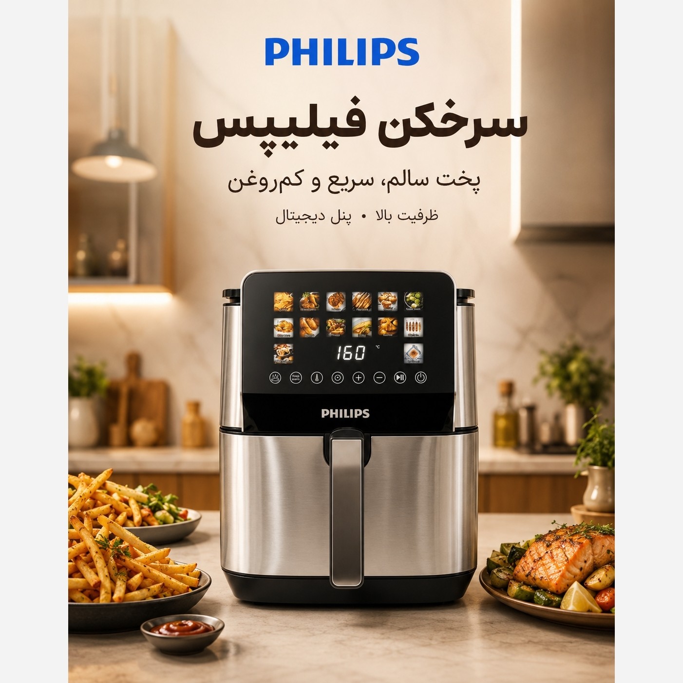 سرخکن فیلیپس 15.5 لیتری دو المنت با 14 برنامه پخت و میوه خشک کن - تمام استیل سبددار با 1 سال گارانتی 